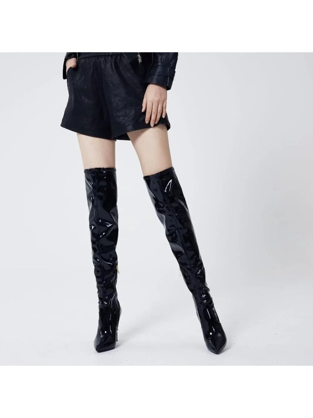 Women Black Patent 1 Pointed Toe Suede Stiletto Heel Stretch Over The Knee Boots
